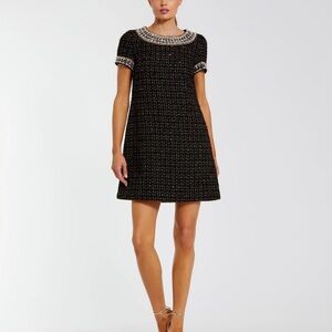 Mac Duggal Black Short Sleeve Embellished Boucle Mini Elegant Black Tweed Dress